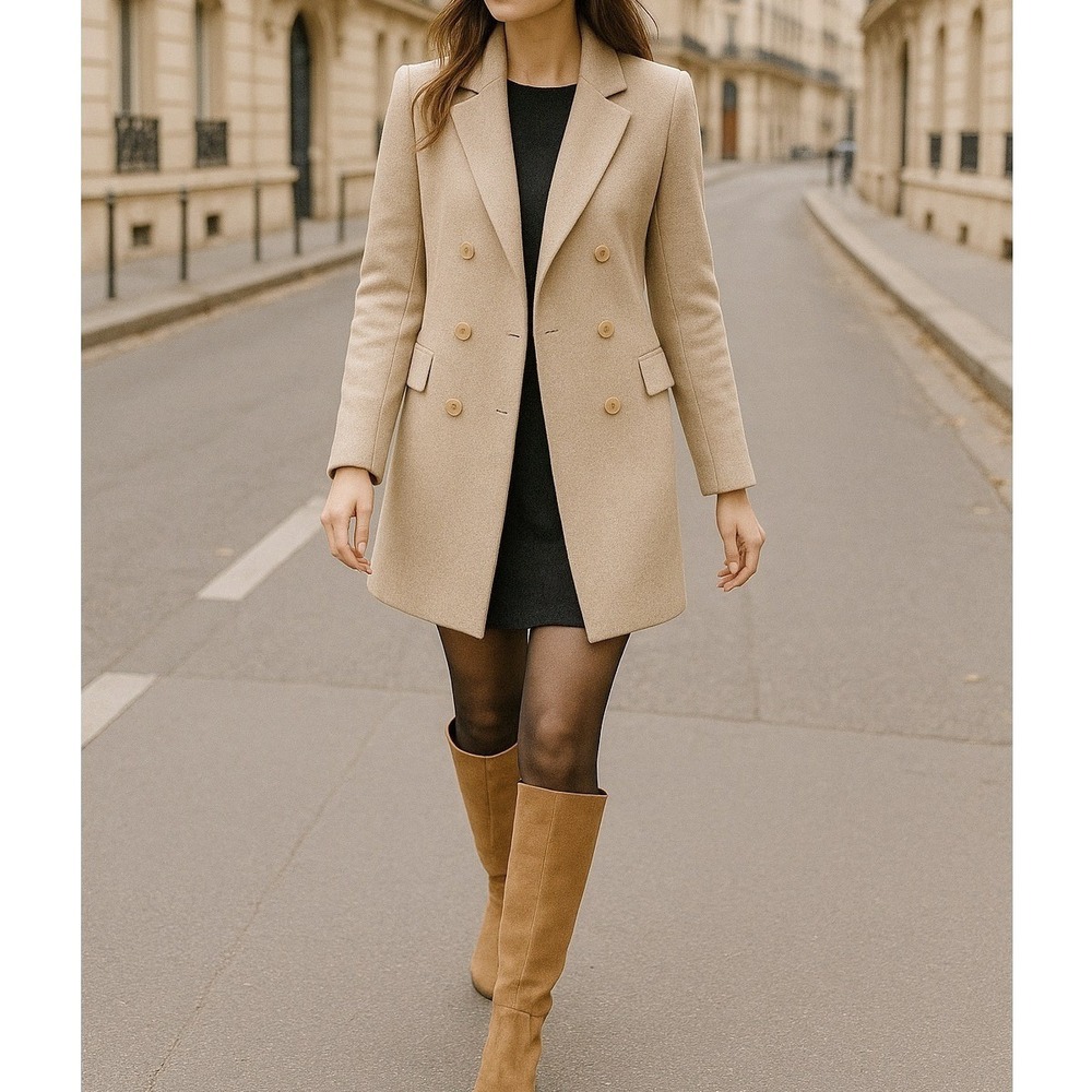 ZARA Women's XS Double Breasted Mid Length‎ Coat Oatmeal Peacoat